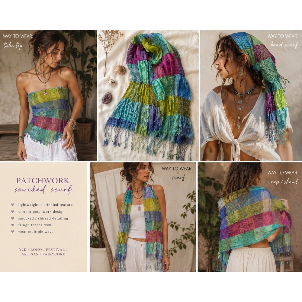 Multicolor Patchwork Smocked Pleated Iridescent Scarf Fringe Boho Gypsy